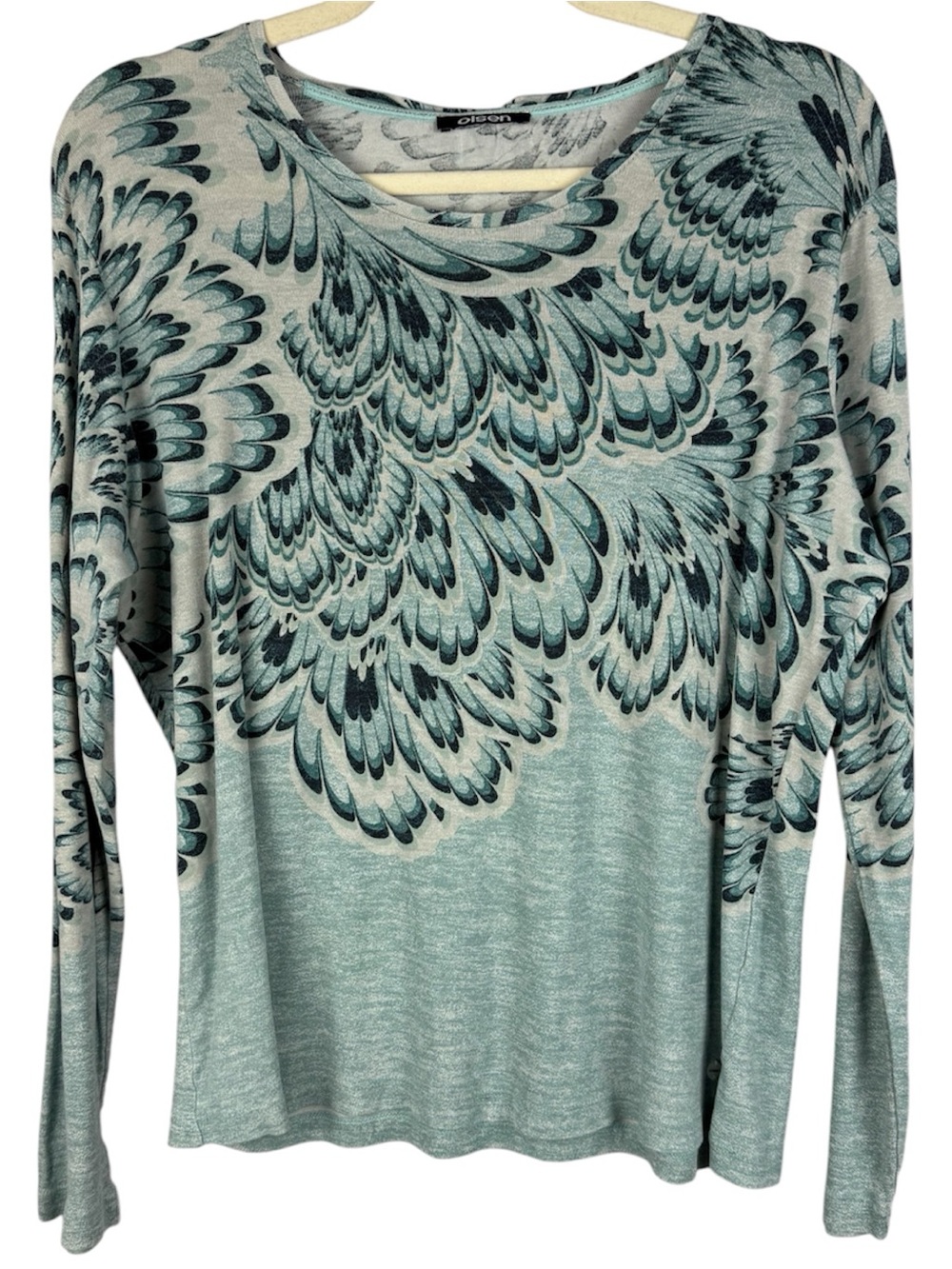 Olsen Teal Feather Print Abstract Long Sleeve Knit Top Light XL Sweater